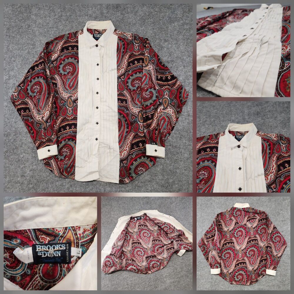 VTG Brooks & Dunn Womens L Large Paisley Western Pearl Snap USA Cowgirl Shirt